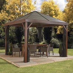 Sojag Aluminium Pavillon Überdachung South Beach Wood // 363x363 cm // Holzoptik-Pavillon und Gartenlaube mit Hard-Top Dach inkl. Moskitonetz